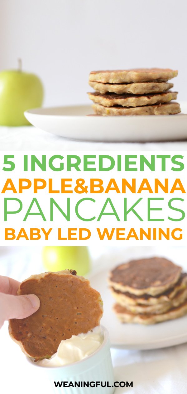 This baby led weaning recipe for baby pancakes is sweetened only with banana and apples and makes great finger food and first food, even for babies with no teeth #blw #babyledweaning #pancakes