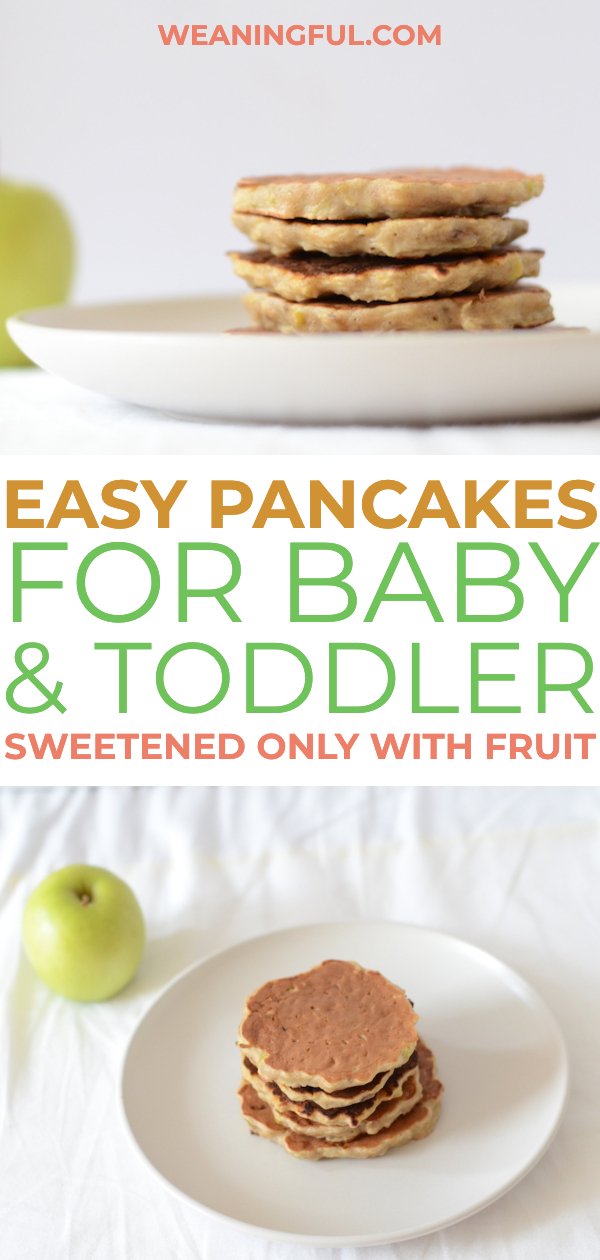 This is an easy recipe for apple and banana pancakes for babies and toddlers who are doing baby led weaning and need a nutritious and quick healthy breakfast alternative to baby cereal. With only 5 ingredients, these are deliciously sweet! #blw #babyledweaning #pancakes
