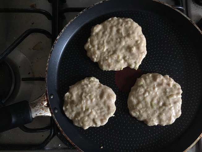 pancakes in the pan by the spoonful