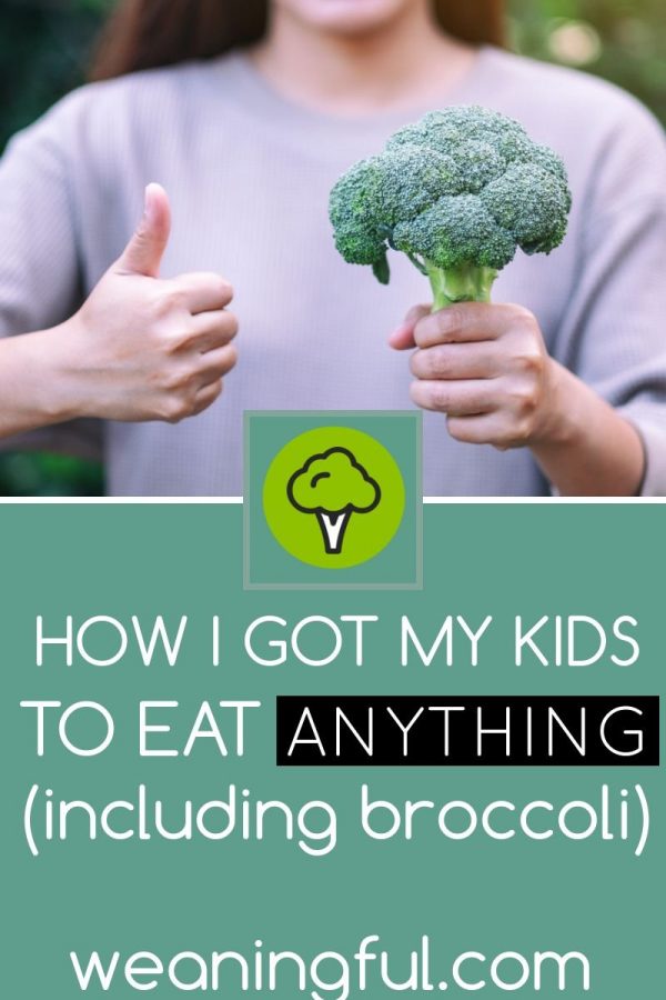 A woman holding broccoli and giving the thumbs up. The division of responsibility in feeding can help with getting a kid to eat anything, with patience and time.